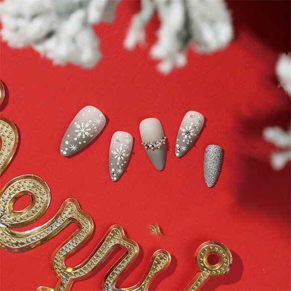 24pcs Sparkling Christmas Snowflake Press-On Nails - Medium Length, Almond Shape - Picture 2 of 7